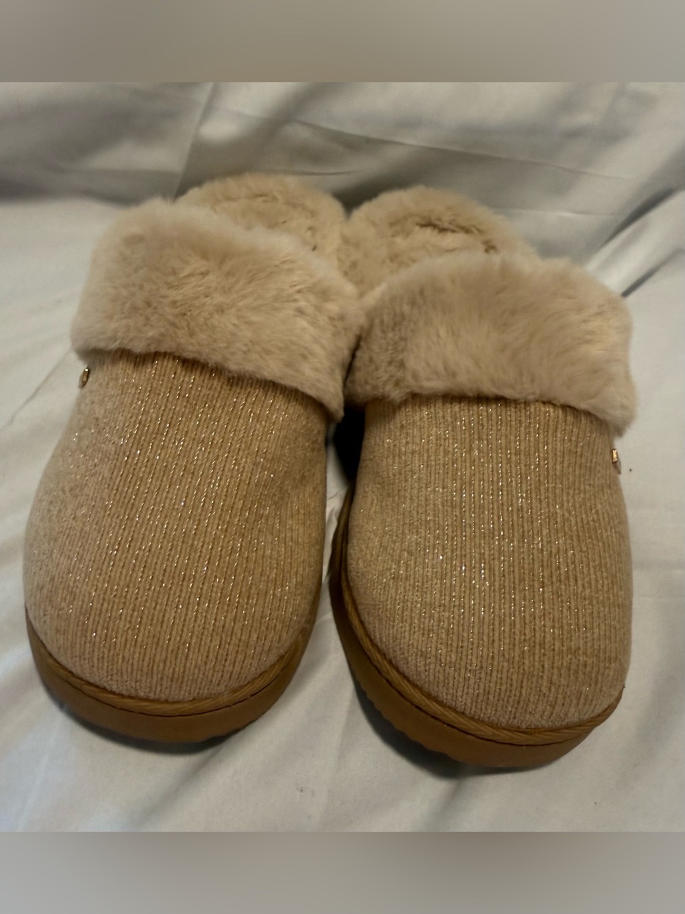 Nautica Sparkle Knit Faux Fur Cuff Slip-On Slippers - Size Small ( 5-6 )